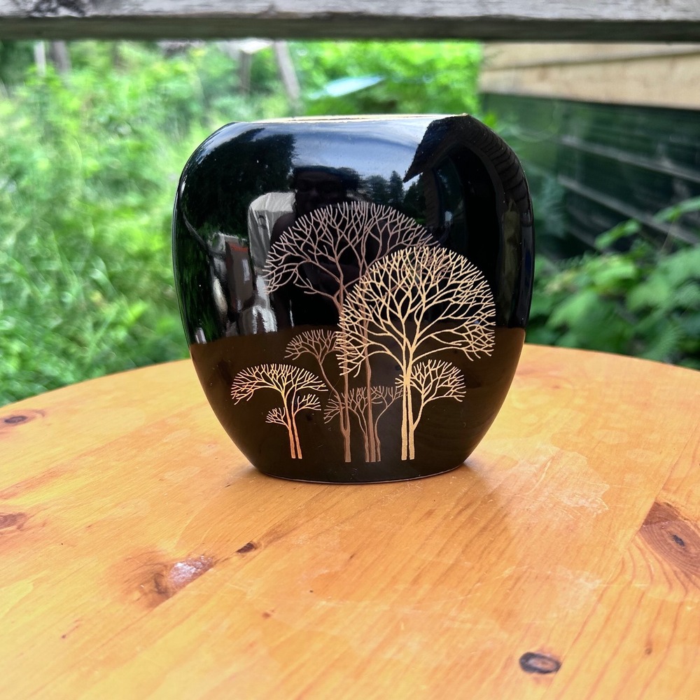 Vintage Black Porcelain Gold Tree Gilt Pillow Flat Round Vase Yamaji Japan 4.5"